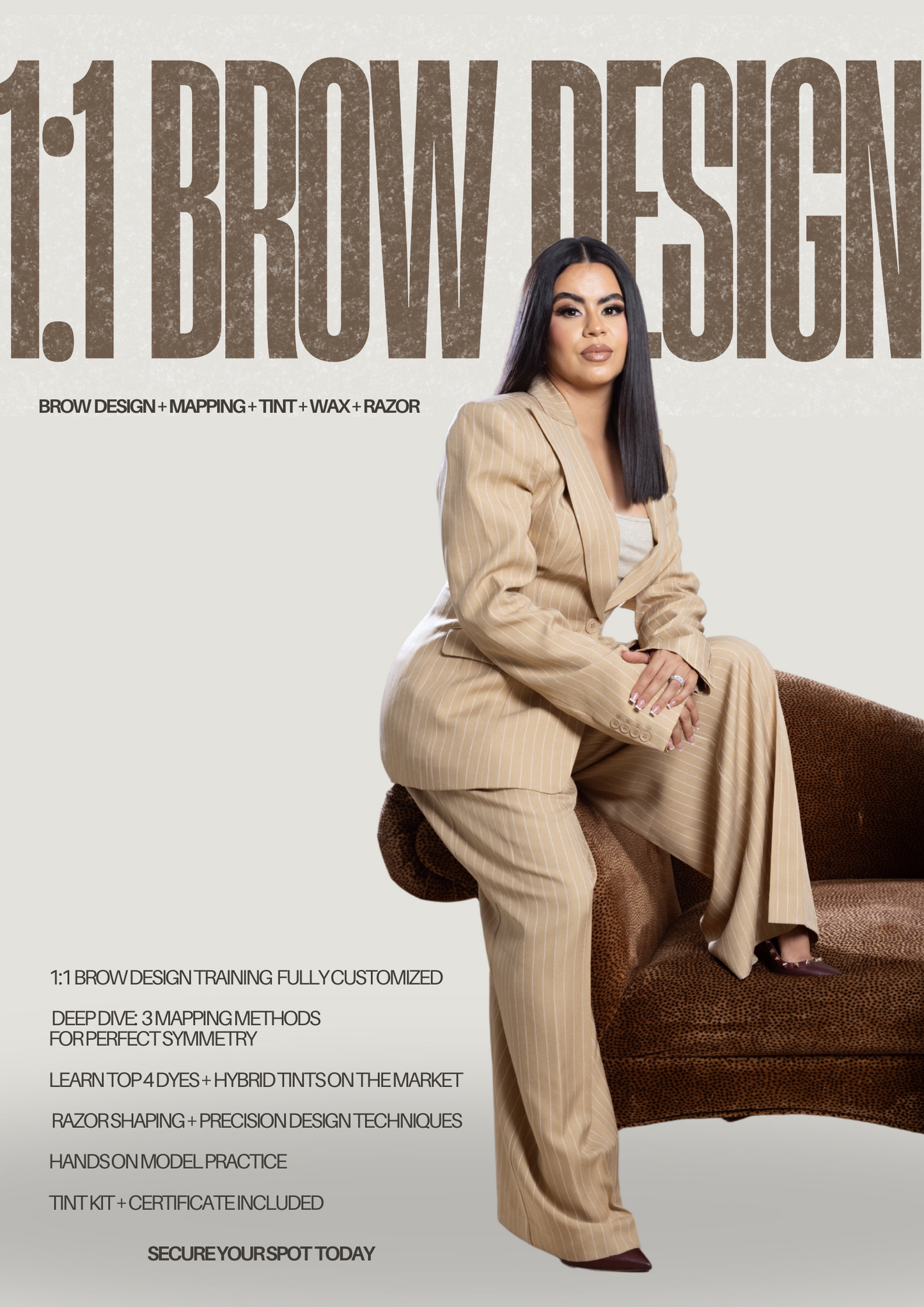 Professional woman in beige suit promoting 1:1 brow design, tint, waxing, and mapping training course