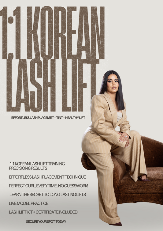 Woman in beige suit sitting on a brown chair promoting 1:1 Korean Lash Lift + Tint training course