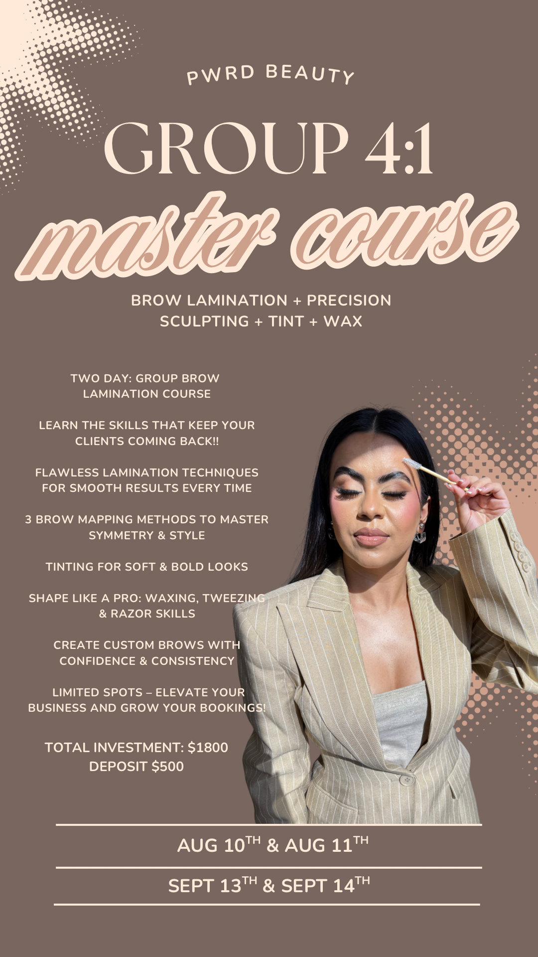 Brow Lami Group Training master course poster featuring luxury brow lamination techniques, sculpting, tinting, waxing, and professional branding skills in a 2-day group setting.